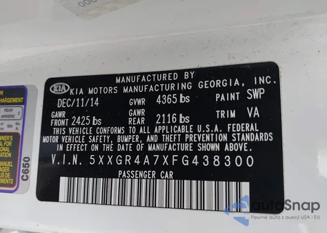 2015 Kia Optima Sx from USA, damaged, VIN 5XXGR4A7XFG438300